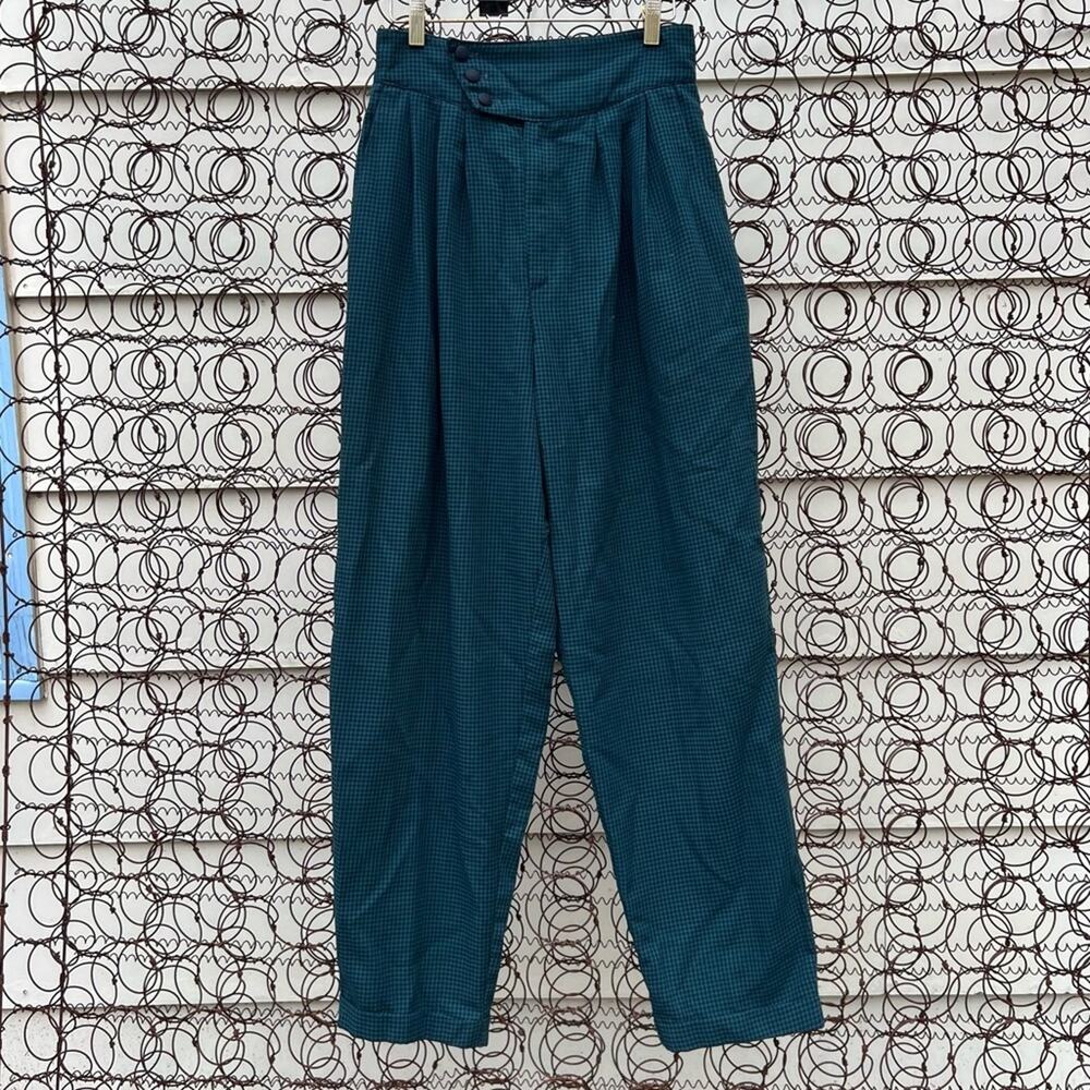 Vintage 80s Christy Girl high-rise pleated front black green plaid trousers 10